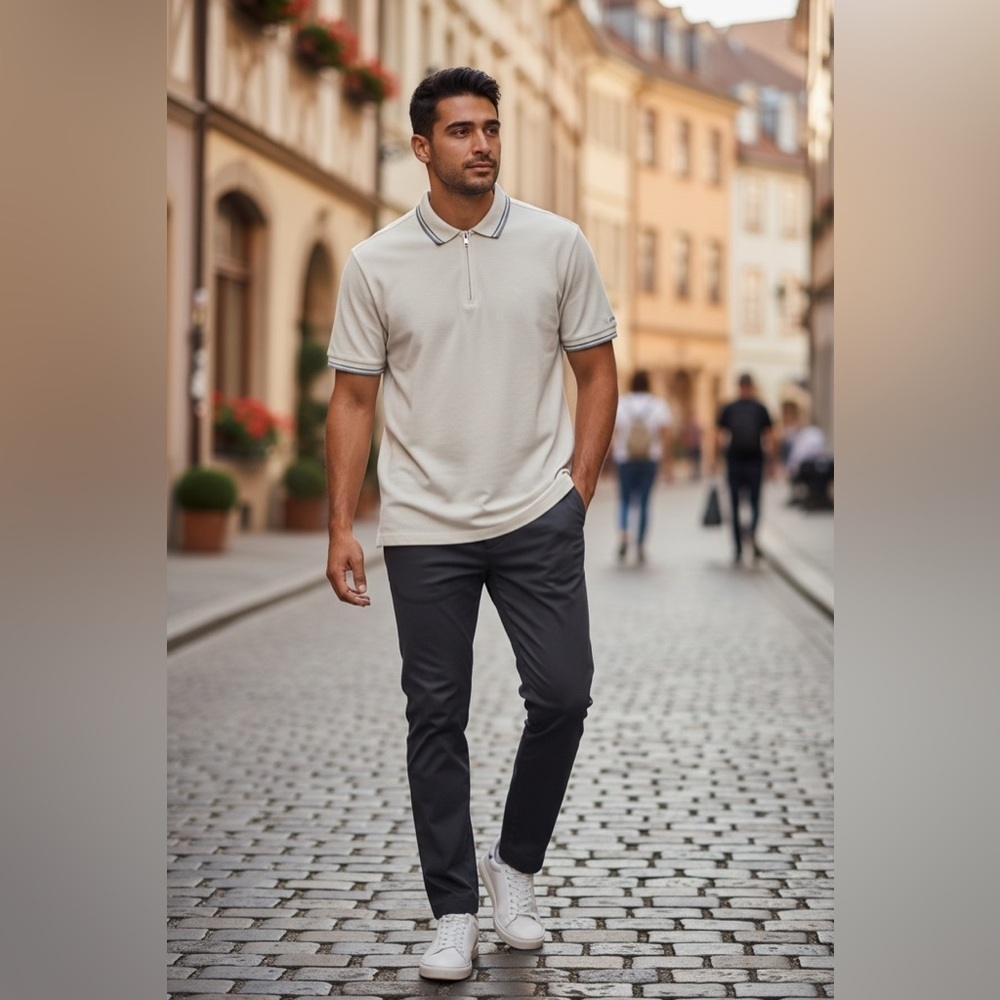 Calvin Klein Cream Polo Shirt with Gray Accents. 100% cotton. Size L.